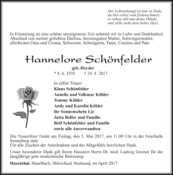 Traueranzeige von Hannelore Schönfelder von Südthüringer Presse