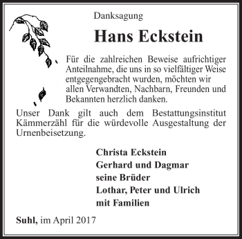 Traueranzeige von Hans Eckstein von Südthüringer Presse