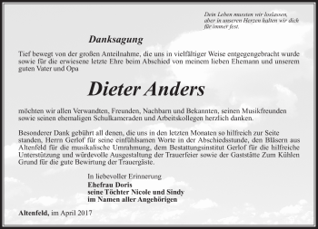 Traueranzeige von Dieter Anders von Südthüringer Presse