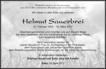 Traueranzeige von Helmut Sauerbrei von Südthüringer Presse