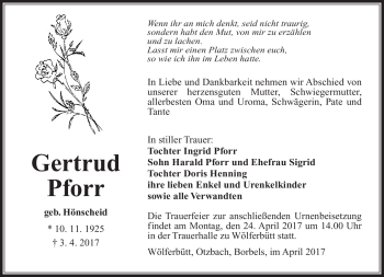 Traueranzeige von Gertrud Pforr von Südthüringer Presse