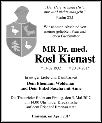 Traueranzeige von Rosl Kienast von Südthüringer Presse