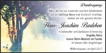 Traueranzeige von Hans Joachim Barleben von Südthüringer Presse