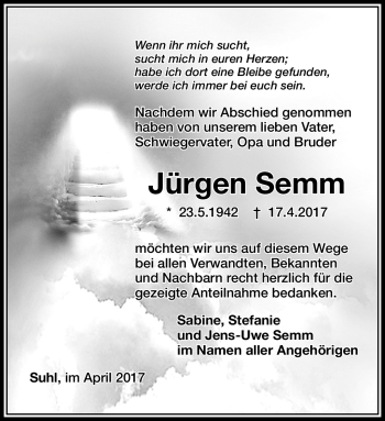 Traueranzeige von Jürgen Semm von Südthüringer Presse