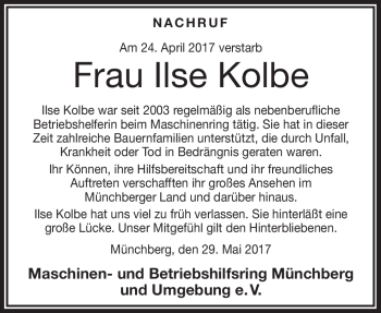 Traueranzeige von Ilse Kolbe von Frankenpost