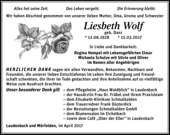 Traueranzeige von Liesbeth Wolf von Südthüringer Presse