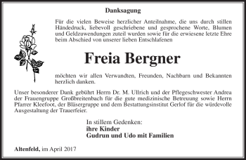Traueranzeige von Freia Bergner von Südthüringer Presse