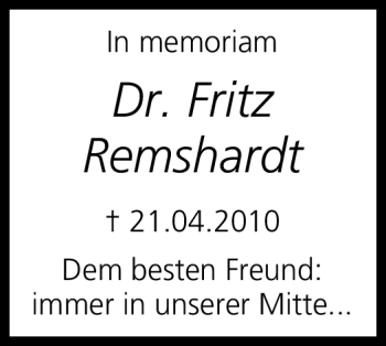 Traueranzeige von Dr. Fritz Remshardt von Neue Presse Coburg