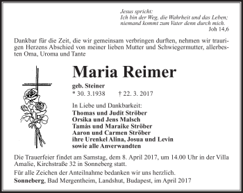 Traueranzeige von Maria Reimer von Südthüringer Presse