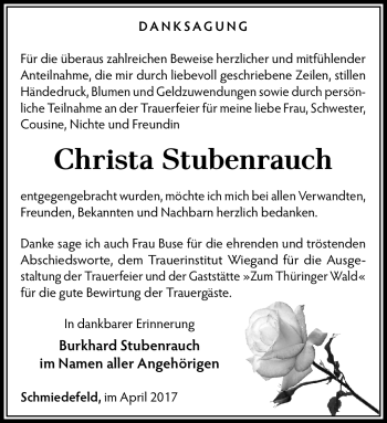 Traueranzeige von Christa Stubenrauch von Südthüringer Presse