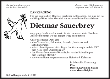 Traueranzeige von Dietmar Sauerbrey von Südthüringer Presse