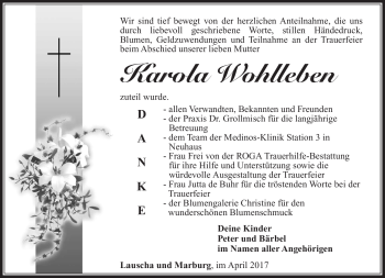 Traueranzeige von Karola Wohlleben von Südthüringer Presse