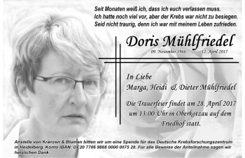 Traueranzeige von Doris Mühlfriedel von Frankenpost