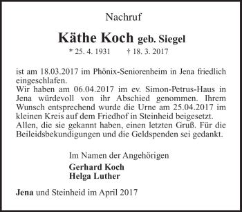 Traueranzeige von Käthe Koch von Südthüringer Presse