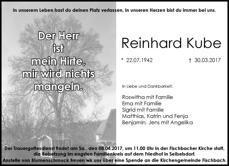  Traueranzeige für Reinhard Kube vom 05.04.2017 aus Neue Presse Coburg
