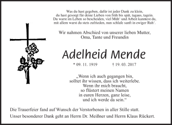 Traueranzeige von Adelheid Mende von Neue Presse Coburg