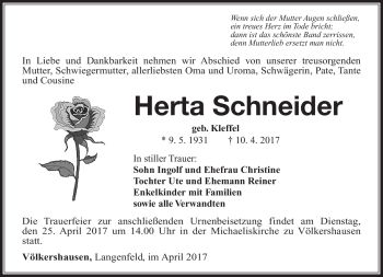 Traueranzeige von Herta Schneider von Südthüringer Presse