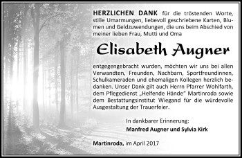 Traueranzeige von Elisabeth Augner von Südthüringer Presse