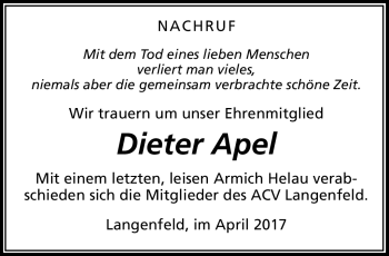 Traueranzeige von Dieter Apel von Südthüringer Presse