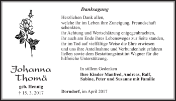Traueranzeige von Johanna Thomä von Südthüringer Presse