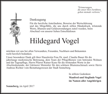Traueranzeige von Hildegard Vogel von Südthüringer Presse