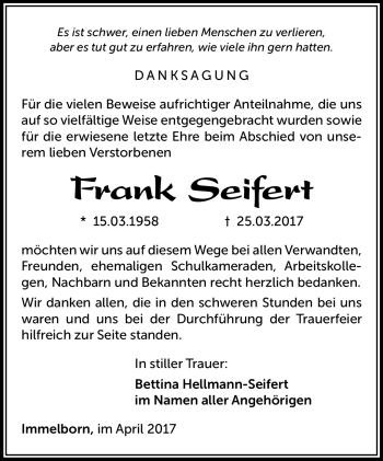 Traueranzeige von Frank Seifert von Südthüringer Presse