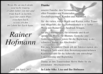 Traueranzeige von Rainer Hofmann von Südthüringer Presse