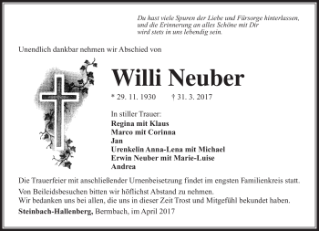 Traueranzeige von Willi Neuber von Südthüringer Presse