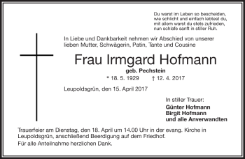 Traueranzeige von Irmgard Hofmann von Frankenpost