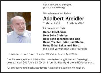 Traueranzeige von Adalbert Kreidler von Neue Presse Coburg