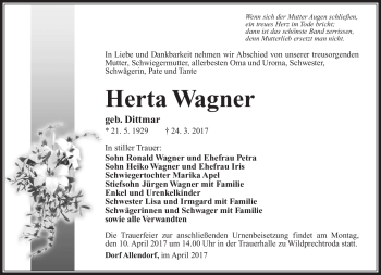 Traueranzeige von Herta Wagner von Südthüringer Presse