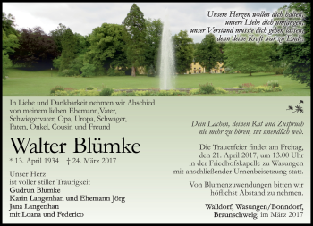 Traueranzeige von Walter Blümke von Südthüringer Presse