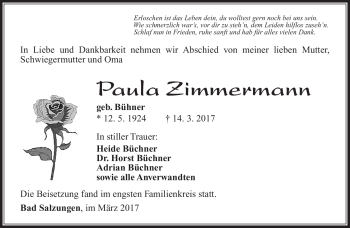 Traueranzeige von Paula Zimmermann von Südthüringer Presse