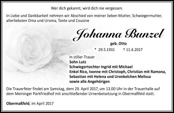 Traueranzeige von Johanna Bunzel von Südthüringer Presse