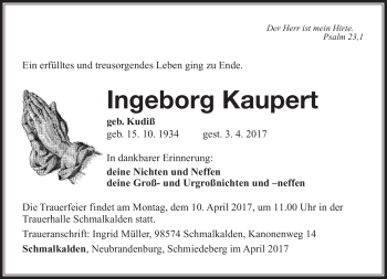 Traueranzeige von Ingeborg Kaupert von Südthüringer Presse