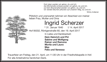 Traueranzeige von Ingrid Scherzer von Frankenpost
