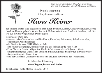 Traueranzeige von Hans Keiner von Südthüringer Presse