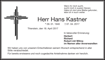 Traueranzeige von Hans Kastner von Frankenpost