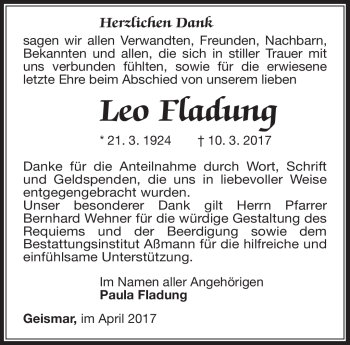 Traueranzeige von Leo Fladung von Südthüringer Presse