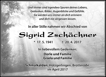 Traueranzeige von Sigrid Zschächner von Südthüringer Presse