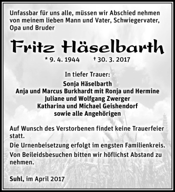 Traueranzeige von Fritz Häselbarth von Südthüringer Presse