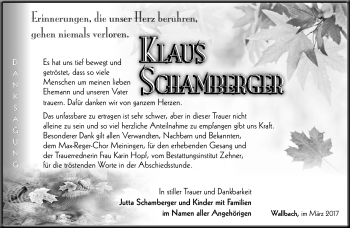 Traueranzeige von Klaus Schamberger von Südthüringer Presse