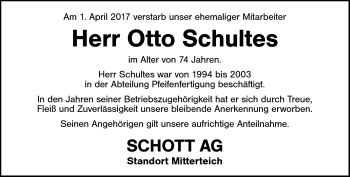 Traueranzeige von Otto Schultes von Frankenpost