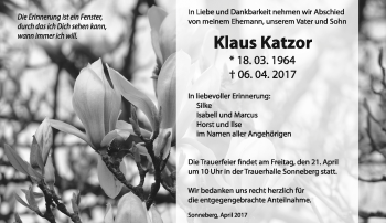 Traueranzeige von Klaus Katzor von Südthüringer Presse