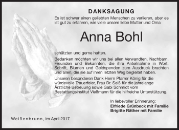 Traueranzeige von Anna Bohl von Neue Presse Coburg