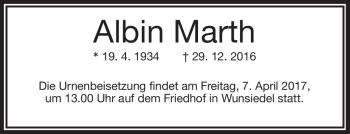 Traueranzeige von Albin Marth von Frankenpost