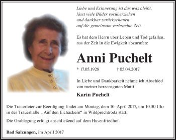 Traueranzeige von Anni Puchelt von Südthüringer Presse