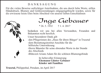 Traueranzeige von Inge Gebauer von Südthüringer Presse