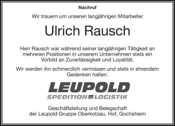 Traueranzeige von Ulrich Rausch von Frankenpost