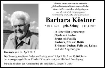 Traueranzeige von Barbara Köstner von Neue Presse Coburg